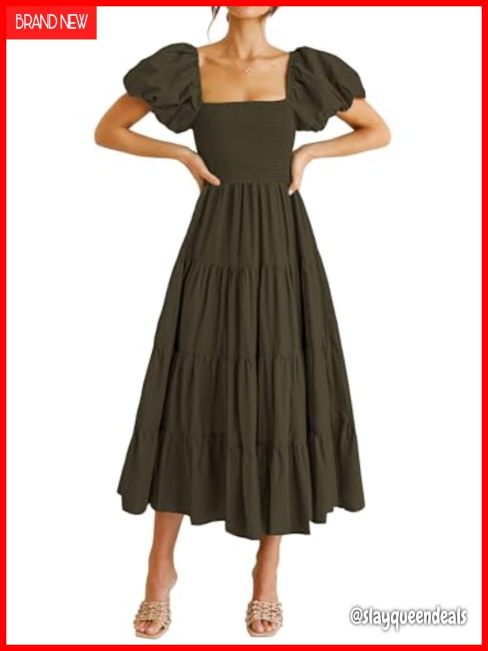 Women's Smocked Midi Dress Square Neck Puff Sleeve Fit and Flare A-Line